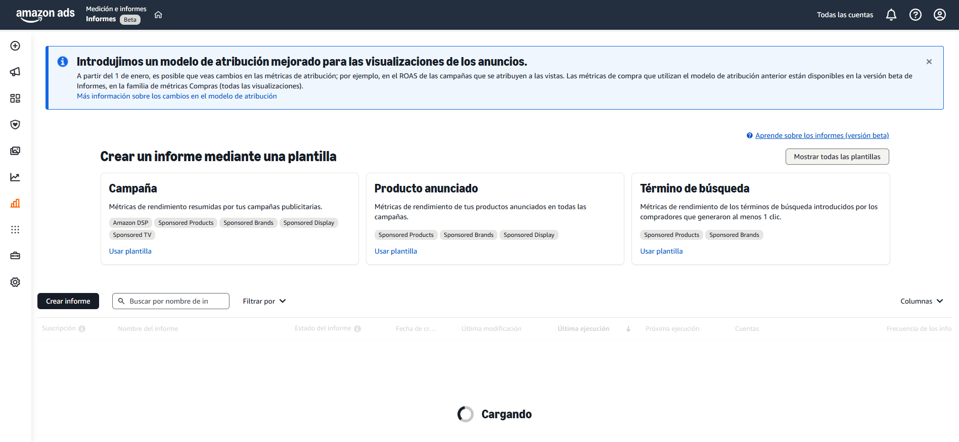 pantalla de informes de Amazon Ads Benchmarks para crear reportes de campañas