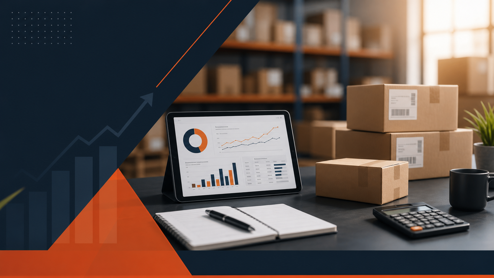 Mesa de analisis logistico con cajas, calculadora y graficos de margen en estilo Valorex Solutions
