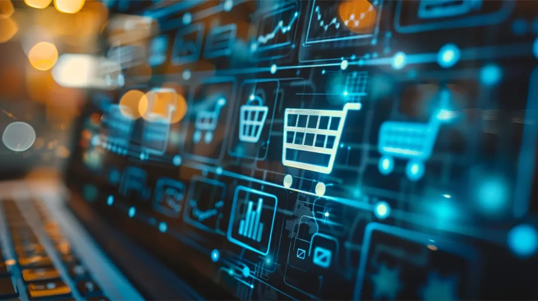 Pantalla de ordenador con iconos digitales de carrito de compras y análisis de métricas, simbolizando la activación de promociones, gestión de cupones y lanzamientos efectivos en Amazon para lograr volumen rápido de ventas, mejorar el ranking de productos y acelerar la reputación de la marca.