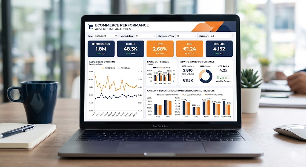 dashboard de Amazon Ads Benchmarks para analizar PPC y métricas de campañas