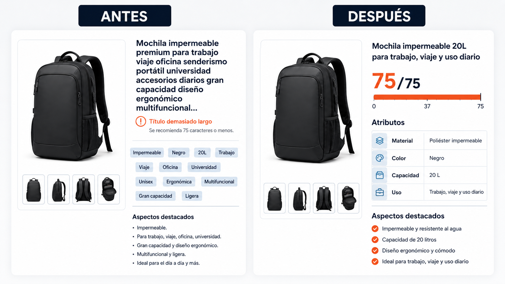 comparativa antes y despues de titulo de producto Amazon adaptado a 75 caracteres